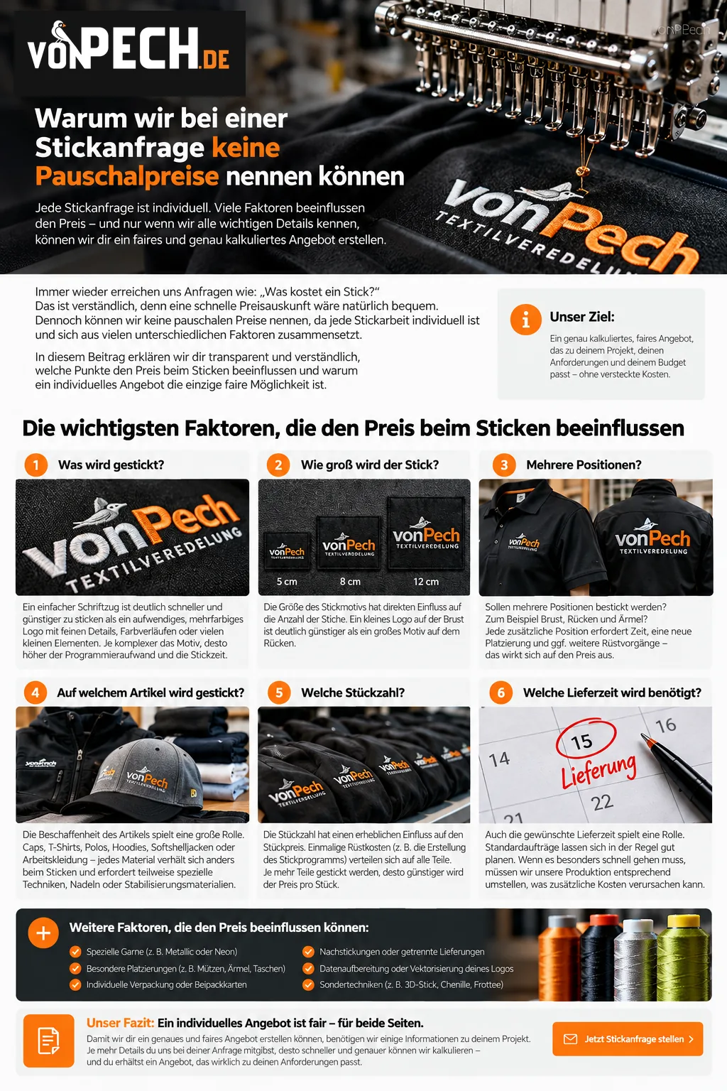 Stickpreis Kalkulation bei vonPech – Faktoren für ein individuelles Stickangebot